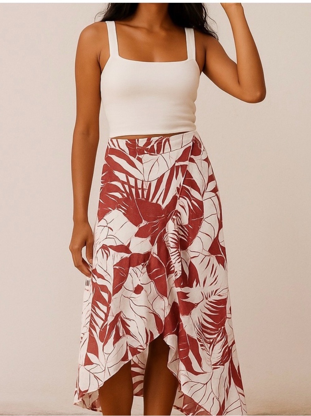 Madewell Cream and Rust Leaf-Print Midi Skirt